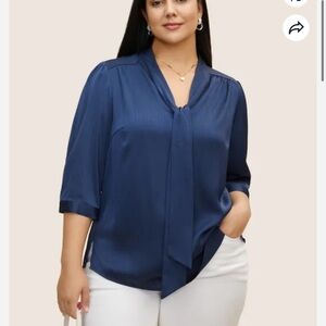 BloomChic Plus Size Plain Knot Neck Ruffle Sleeve Blouse